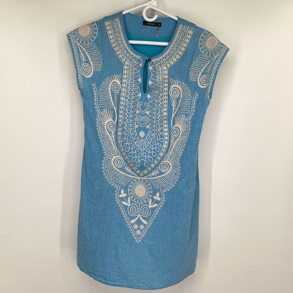 Ladies Theme Embroidered cotton/linen blend Dress blue/white medium - Picture 1 of 7